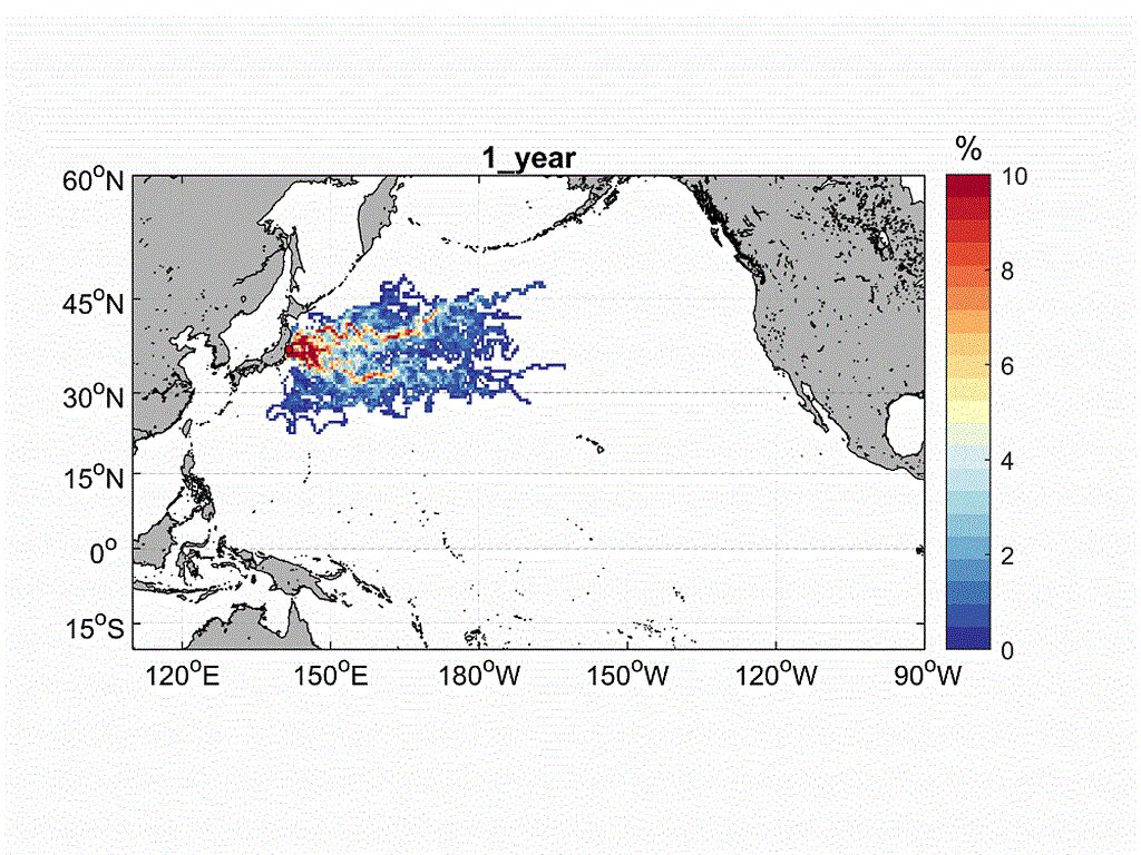 日本福島核廢水排入海，海大師生模擬擴散速度，發現最快1年半影響台灣外海。（海大提供／黃婉婷基隆傳真）