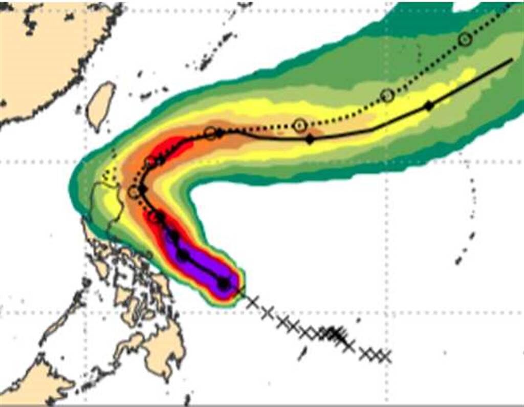 最新歐洲模式模擬，「舒力基」路徑以在呂宋島東側向北迴轉機率最高，周四最靠近台灣，路徑看似有威脅，但因為中央山脈屏障，中南部仍無降雨。(翻攝自 三立準氣象· 老大洩天機)