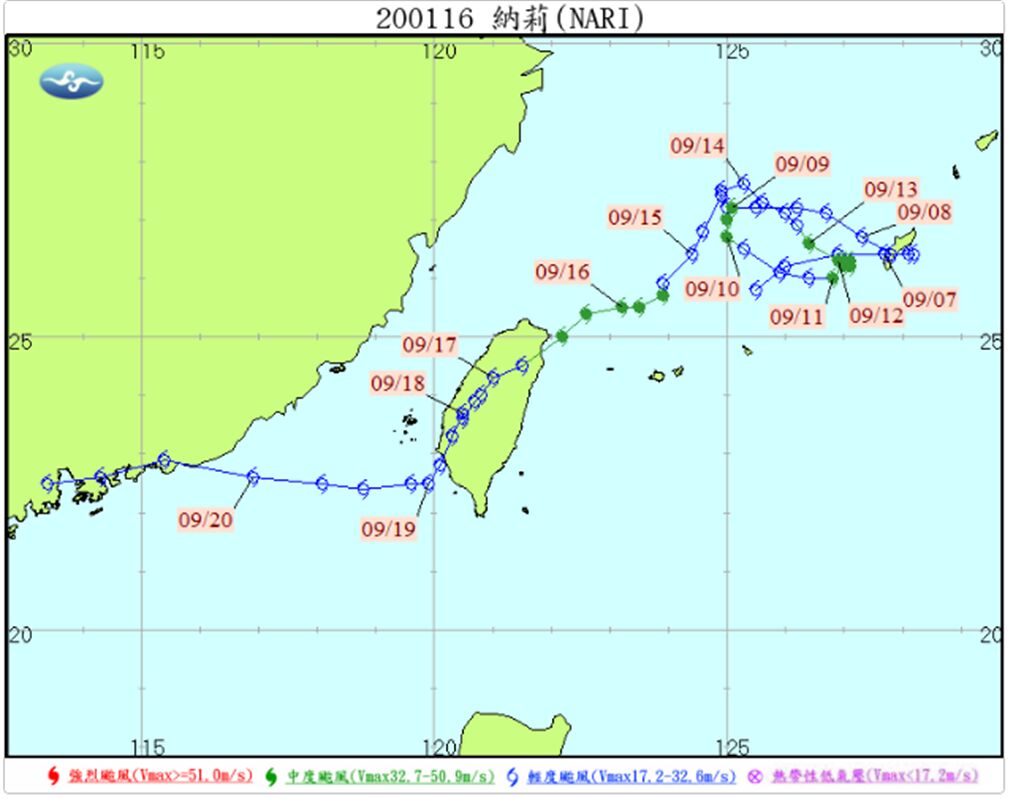 納莉颱風在琉球打轉一個禮拜後直撲北台灣，中央氣象局相關人員也表示，納莉颱風路徑相當罕見。（圖／翻攝自中央氣象局）