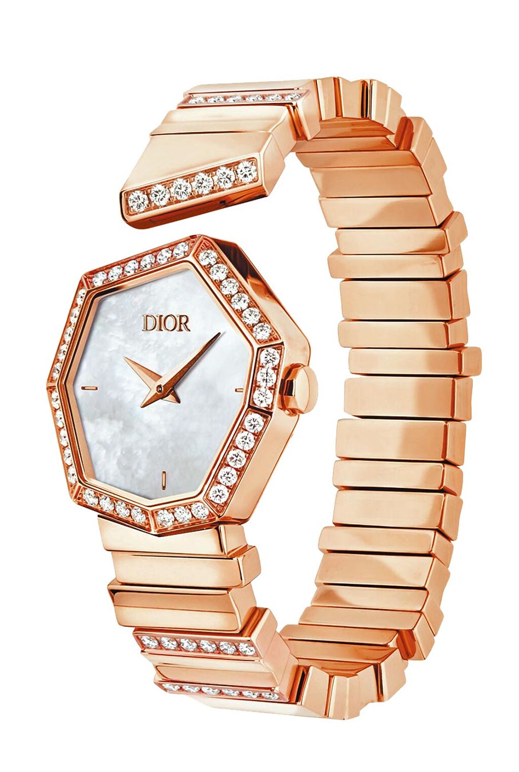 EM DIOR玫瑰金鑽石與白色珍珠母貝表盤腕表，140萬元。（DIOR提供）