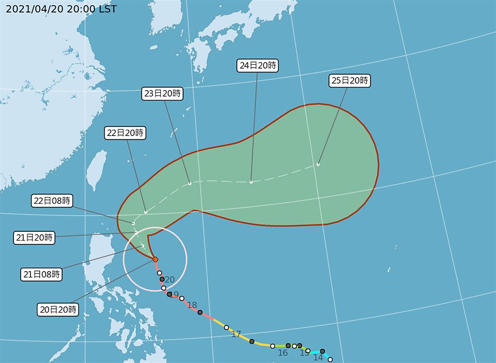 中央氣象局指出，今年第2號颱風舒力基21日到23日將往逐漸北上，期間相對距離台灣最近，未來一週要留意沿海的長浪。(氣象局提供)