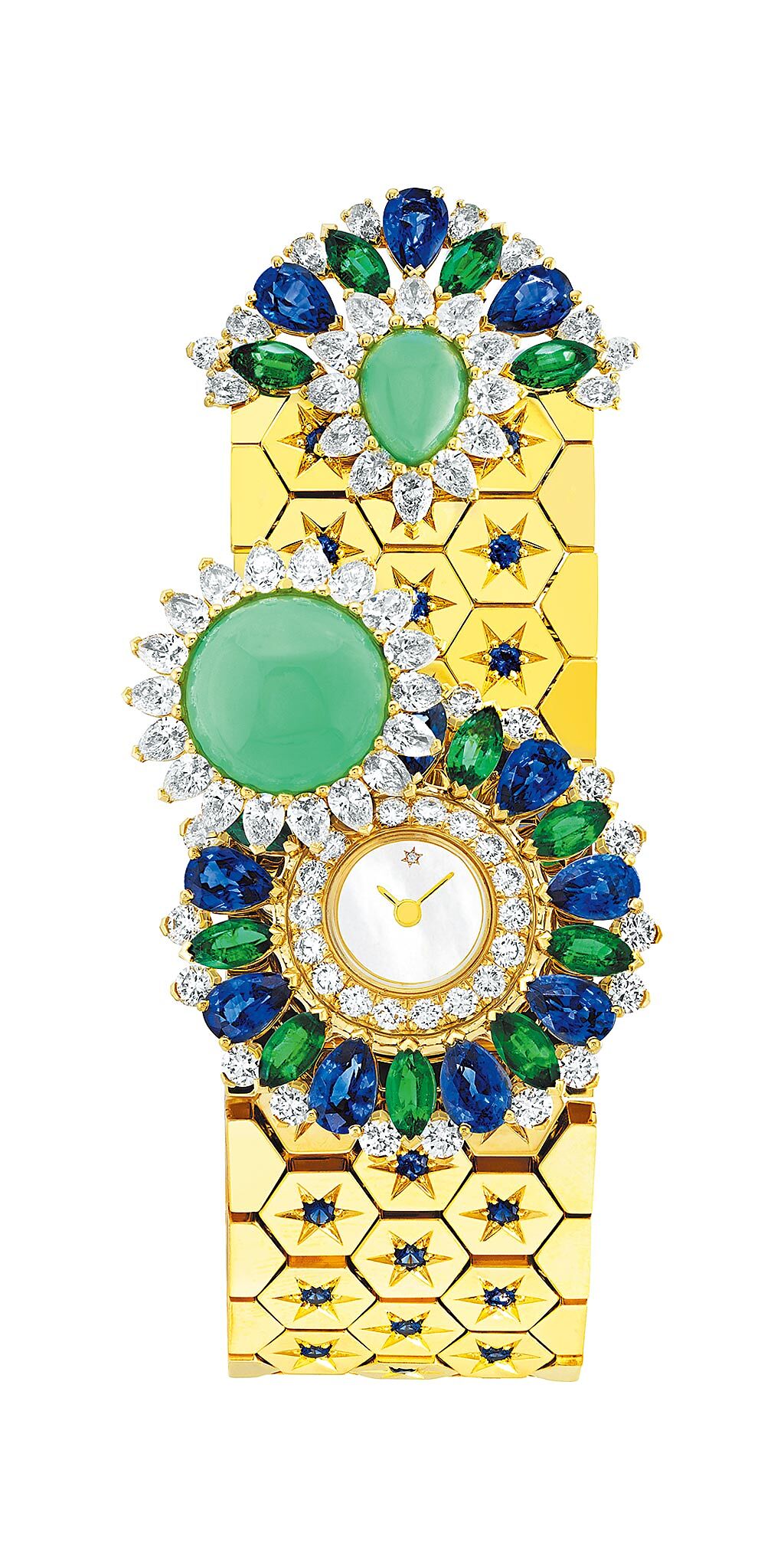 梵克雅寶Ludo Secret神祕珠寶表，藍寶石、祖母綠、綠玉髓、珍珠母貝、鑽石，795萬元。（Van Cleef & Arpels提供）