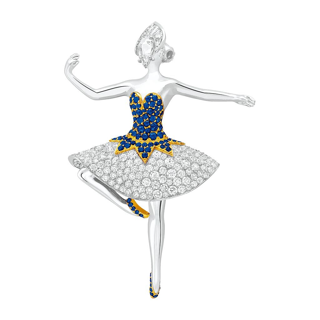 梵克雅寶Carlota ballerina芭蕾舞伶胸針，藍寶石、鑽石，515萬元。（Van Cleef & Arpels提供）