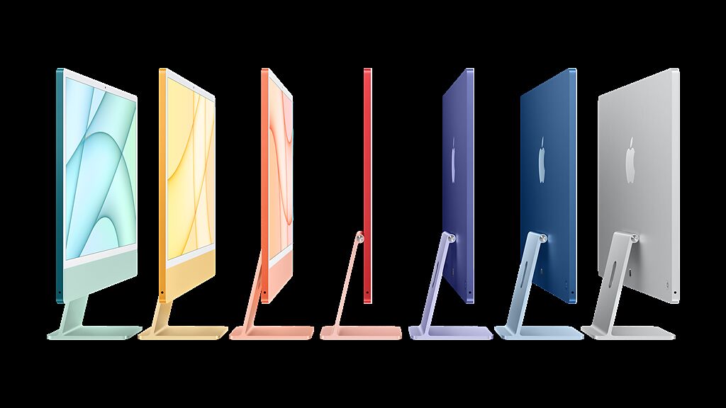 蘋果正式發表搭載全新M1晶片的iMac，共有七色。（蘋果提供／黃慧雯台北傳真）

