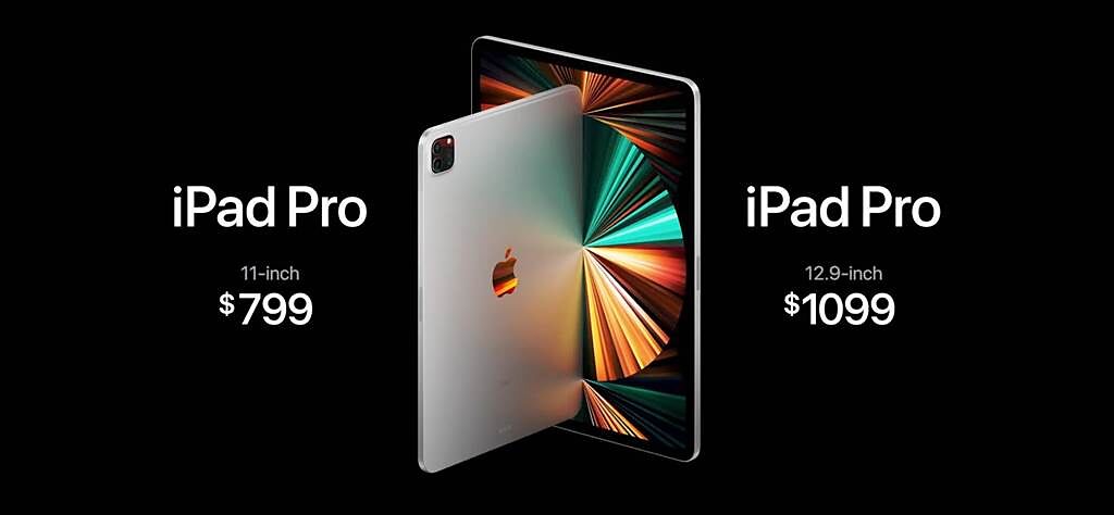 蘋果全新的iPad Pro，11吋美國定價為799元美元起（約台幣2萬2500元），台灣定價為2萬4900元起；12.9吋美國定價為1099元美元起（約台幣3萬900元），台灣定價為3萬4900元起；美國將於30日開放預購、5月中正式開賣，台灣官網目前未有釋出推出日期。（翻攝直播畫面）