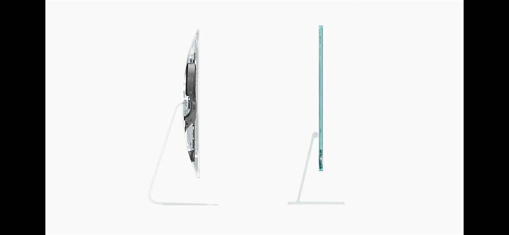 蘋果全新iMac因採M1晶片，機身僅11.5mm的超薄、輕於5公斤。（翻攝直播畫面）