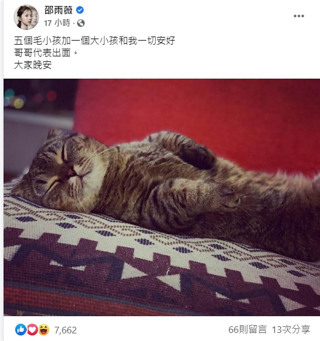 邵雨薇當晚也在臉書報平安，意外洩漏愛稱。(圖/ 摘自邵雨薇臉書)