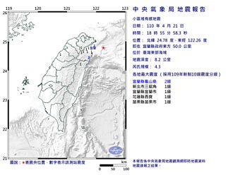 東部海域規模4.3地震 最大震度宜蘭2級
