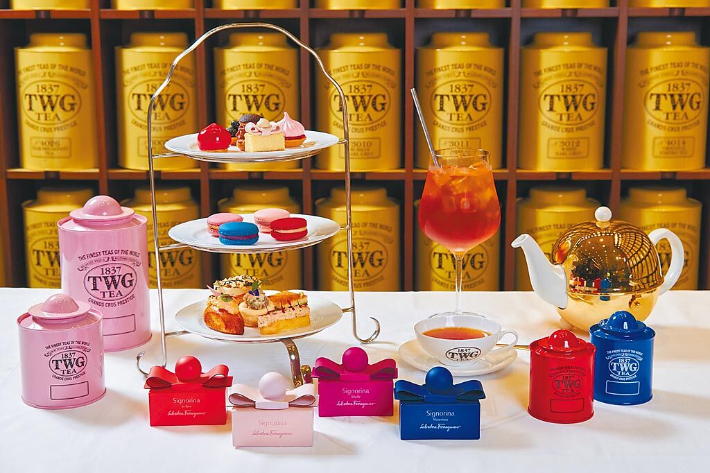 精品香氛Salvatore Ferragamo與奢華茶品牌 TWG Tea 聯名推出「Signorina Capsule 伊人限定雙人下午茶」，即日起至5月3日在TWG Tea台北101購物中心5樓沙龍限量登場。（Salvatore Ferragamo提供）