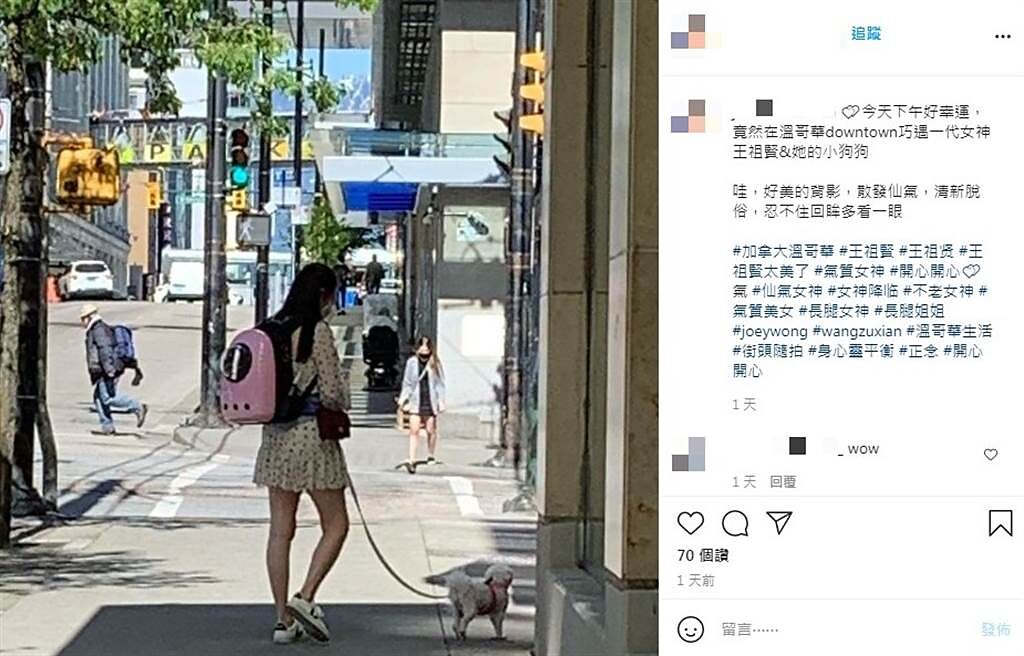 王祖賢在加拿大溜狗，身穿短洋裝曬美腿，讓巧遇的網友不禁拍下倩影。（圖／IG）