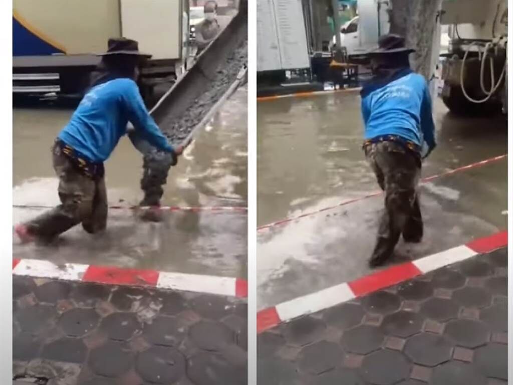 民眾拍下泰國曼谷的馬路近日因暴雨水淹成河，竟有一名工人在水中鋪路，直接將混凝土倒入水中。(圖/截自YouTube)