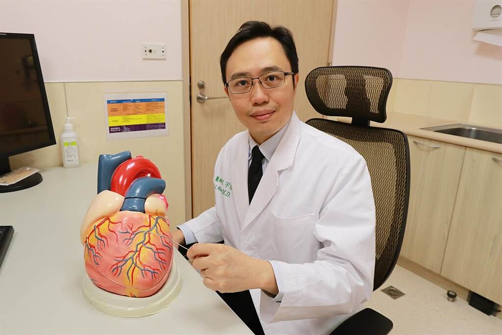 亞大醫院心臟內科主任王宇澄，在人體心臟模型上指出冠狀動脈阻塞位置。（林欣儀攝）