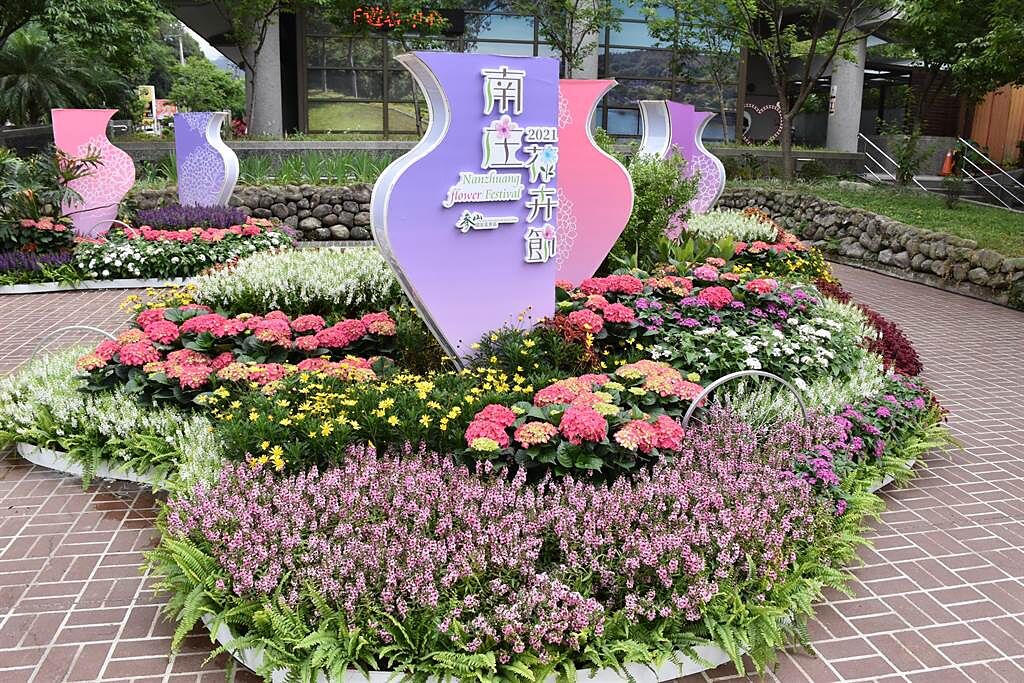 參山處在南庄老街打造3處大型花景裝置藝術，歡迎全國遊客前來一覽浪漫山城之美。（謝明俊攝）