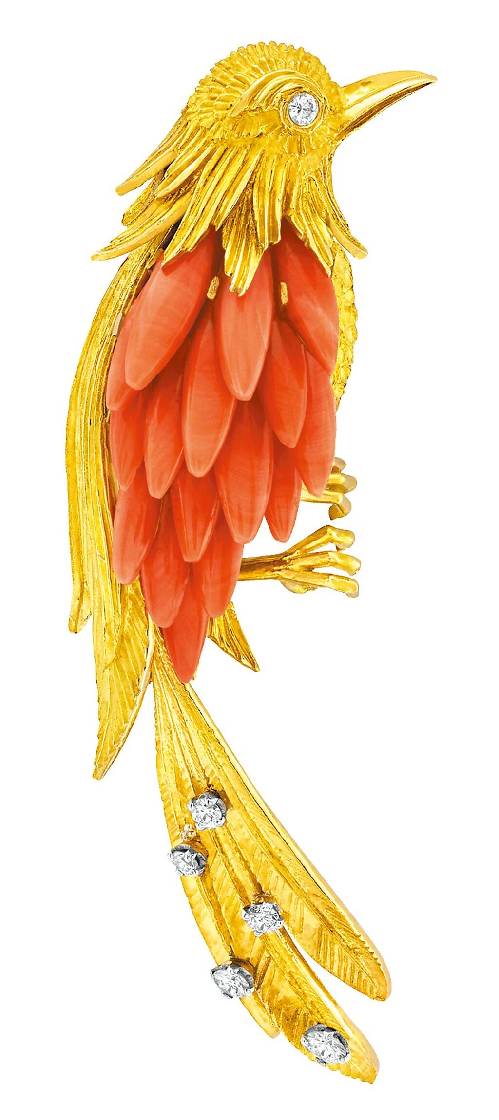 梵克雅寶Heritage典藏系列胸針，1969年打造，黃K金、珊瑚、鑽石，226萬元。（Van Cleef & Arpels提供）