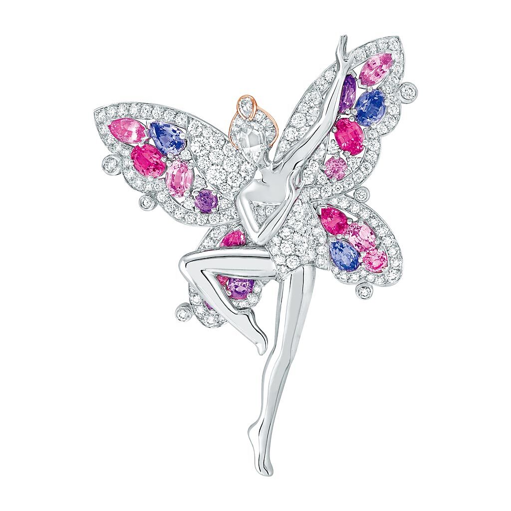 梵克雅寶Fee des papillons蝴蝶仙子胸針，粉紅及淡紫色藍寶石、鑽石，850萬元。（Van Cleef & Arpels提供）