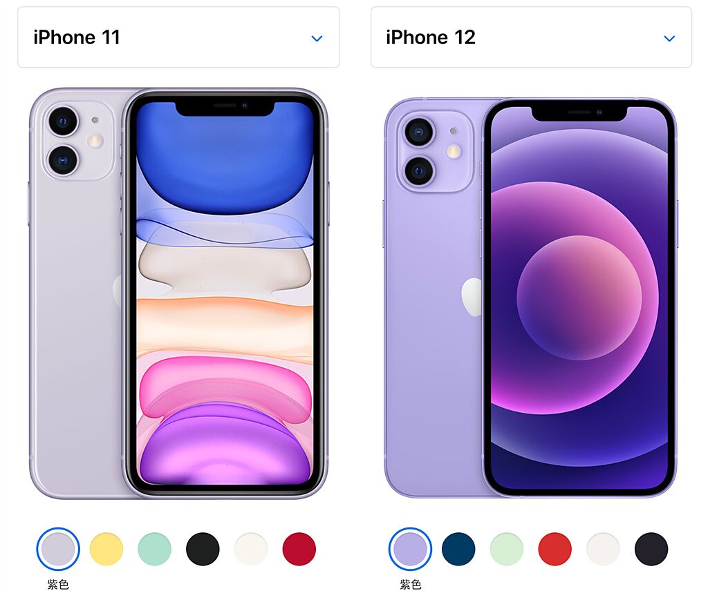 iPhone 12紫色款式（右）與iPhone 11紫色的色調是不同的。（摘自蘋果官網）