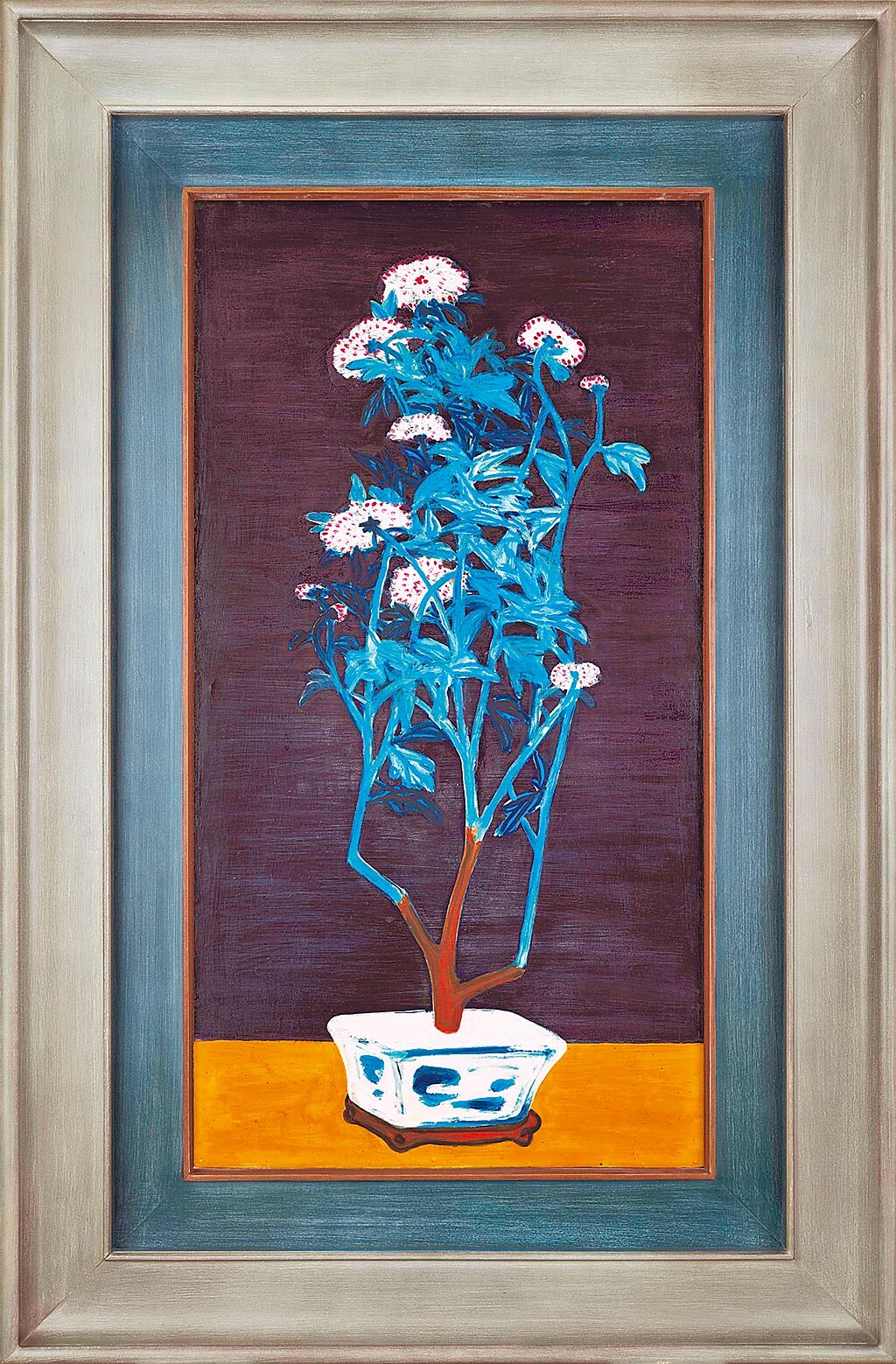 常玉最大尺幅藍枝粉菊作品《靜月瑩菊》來台展出，起拍價7800萬港元。（Christie's提供）
