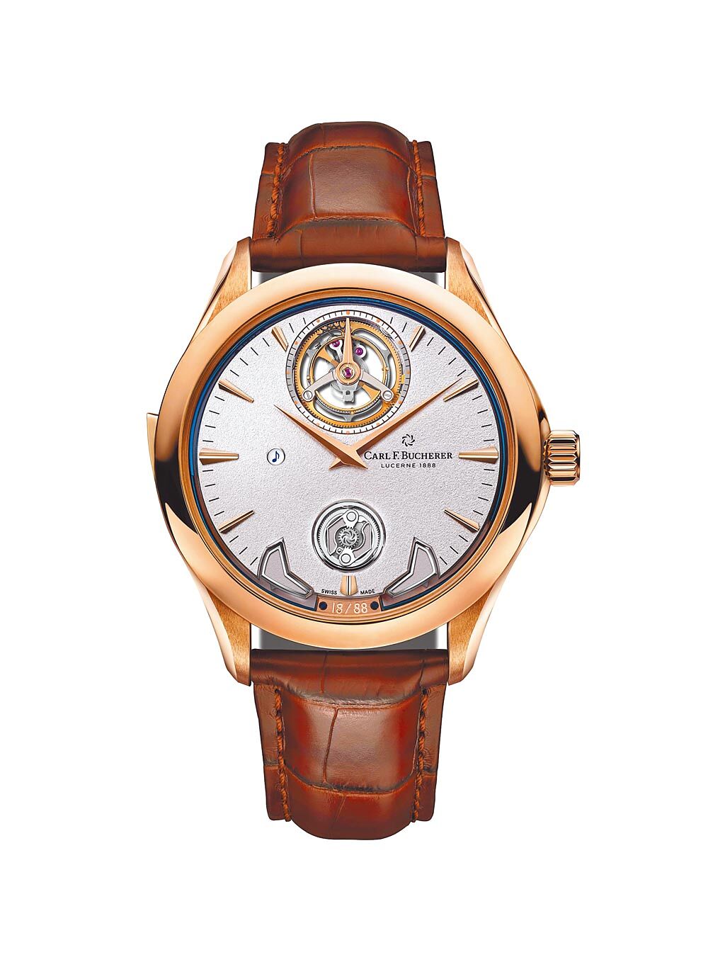 寶齊萊是少數具有研發三問表能力的瑞士腕表品牌，日前在Watches & Wonders表展上發表馬利龍交響樂三問表（Manero Minute Repeater Symphony），展現品牌的製表實力，1280萬元。（Carl F. Bucherer 提供）