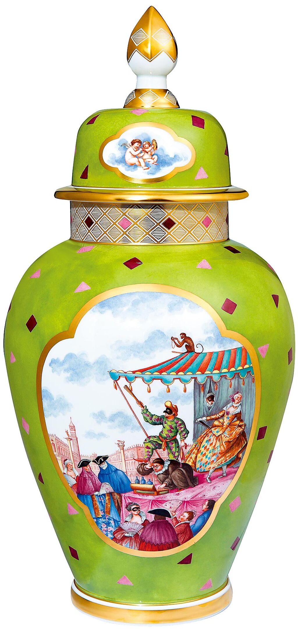 戲看人生花瓶，畫家雅克‧楊克以寫實手法呈現18世紀歐洲貴族盛會，因為是歐洲歷史的真實紀錄而別具文化底蘊。（國裕精品提供）