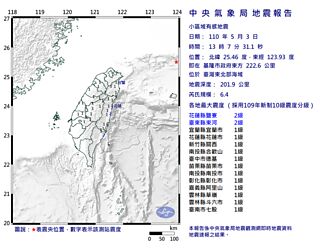13：07台北跳兩下！東北部外海6.4地震 最大震度花、東2級