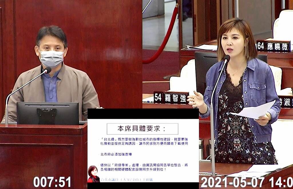 台北市議員王欣儀今赴市議員財建部門質詢，針對虛擬卡整合服務向北市資訊局質詢。（截圖自台北市議會影音）