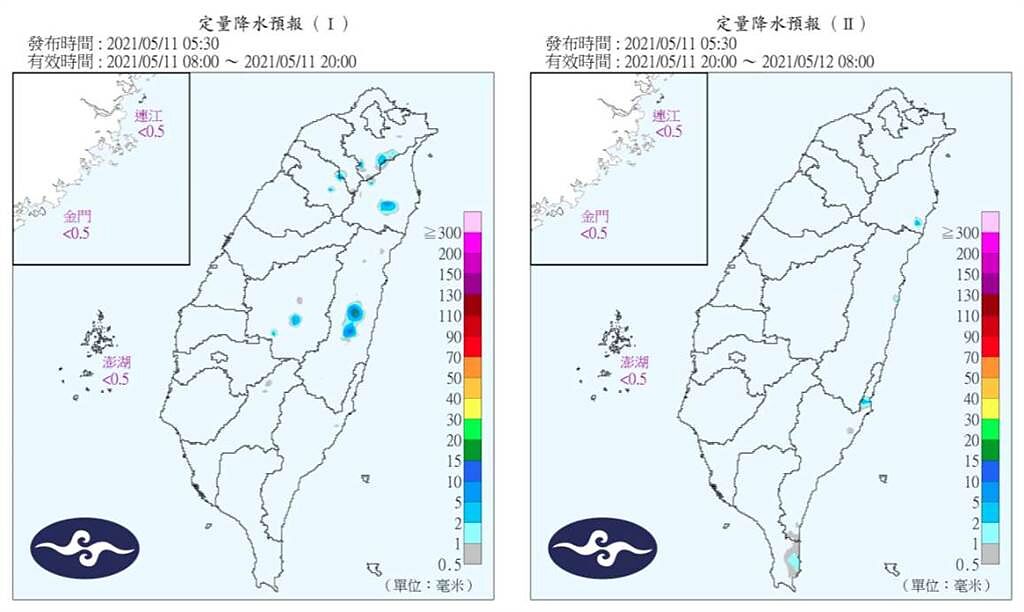 圖為定量降水預報，今天台灣幾乎無雨，這狀況至少持續到下周一、二。(翻攝自 氣象局)