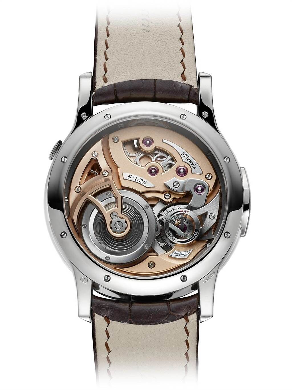 Romain Gauthier即將停產的Logical One水平芝麻鍊腕表，限量表款的表背可看到機芯有鑲鑽和限量編號。（瑞博品提供）