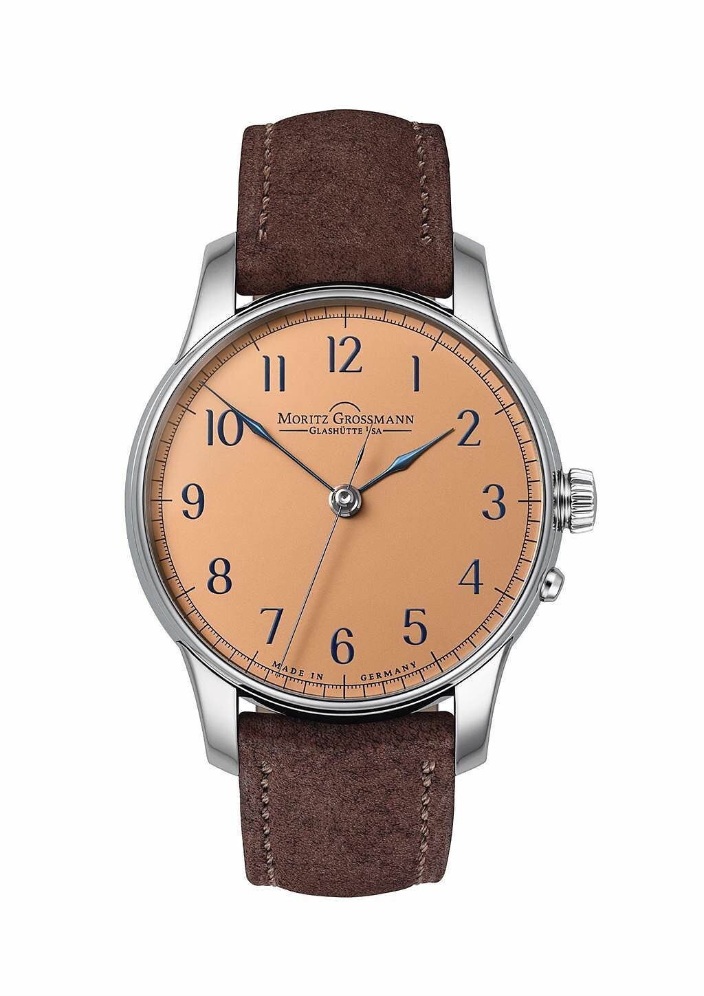 獨立製表品牌Moritz Grossmann的ZENTRALSEKUNDE腕表，鮭魚色面盤款限量25只。（瑞博品提供）