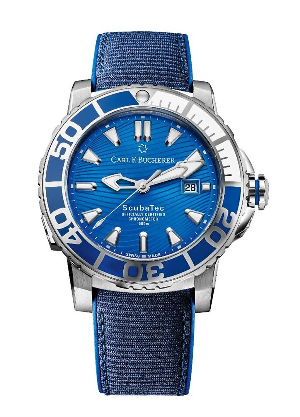 寶齊萊與「魔鬼魚基金會」合作推出柏拉維深潛馬爾地夫腕表，表帶以海洋回收的塑膠瓶製成，21萬5000元。（Carl F. Bucherer提供）

