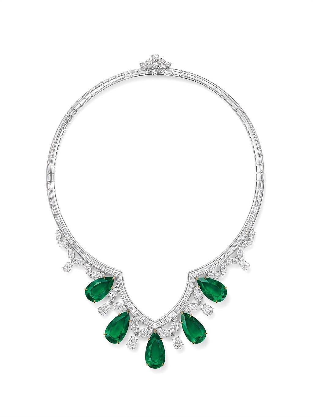 海瑞溫斯頓New York系列Cathedral祖母綠鑽石項鍊，5顆祖母綠共重約65.63克拉。(Harry Winston提供）
