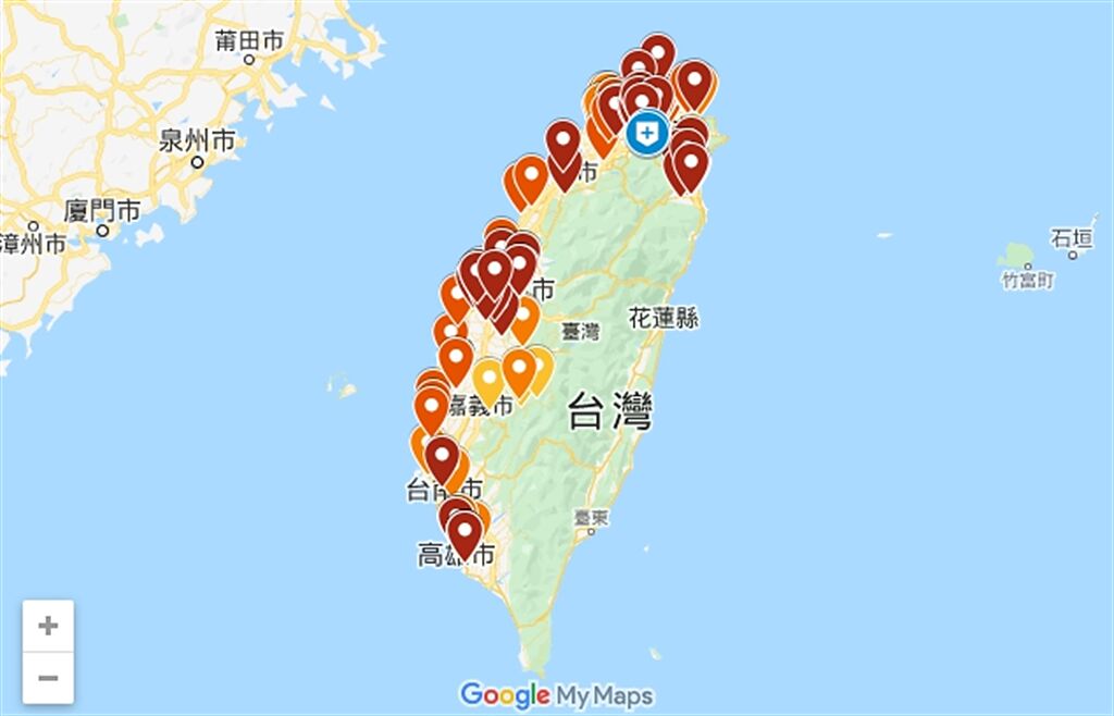 有網友製作「確診者足跡地圖」，利用Google Maps標示出可能的疫情熱區。(圖/截自Google Maps)