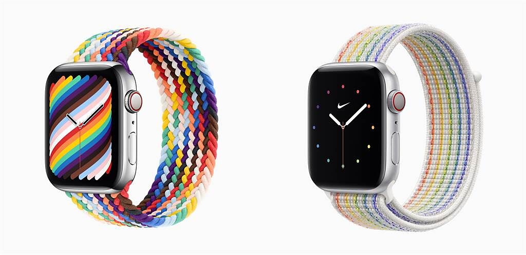 蘋果推出全新彩虹版錶帶（左）與彩虹版 Nike 運動型錶環。（摘自蘋果官網）
