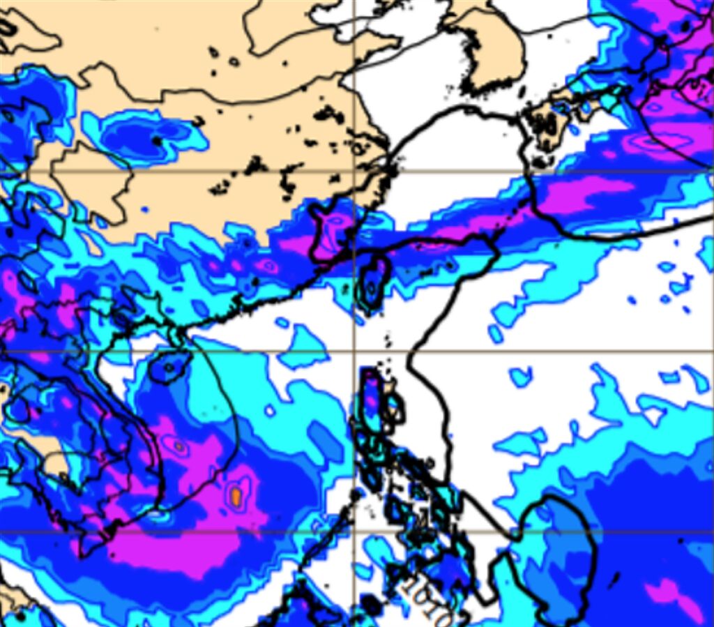 最新歐洲模式模擬下周二（25日）地面氣壓及降水圖，顯示滯留鋒南下觸及台灣。(圖擷自ECMWF)