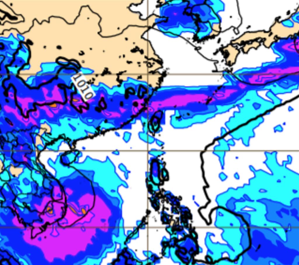 今天歐洲模式模擬下周二(25日)地面氣壓及降水圖顯示，滯留鋒南下，即將觸及台灣。(圖擷自ECMWF)