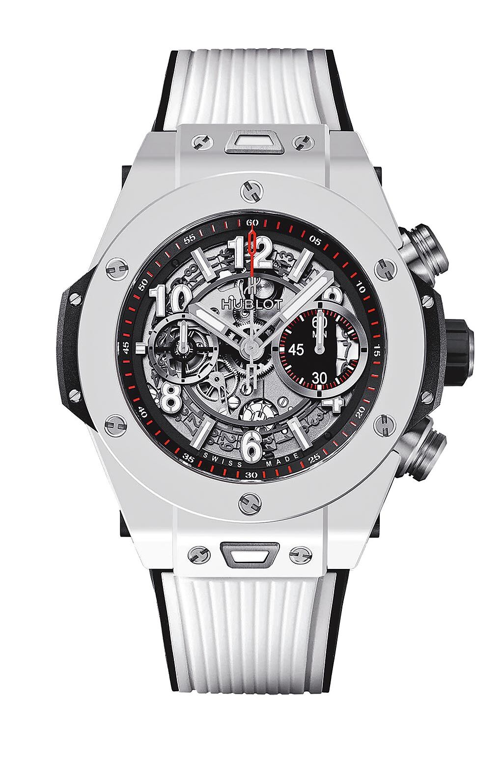 HUBLOT BIG BANG UNICO 白色陶瓷計時碼錶（45mm），61萬9000元。（HUBLOT提供）