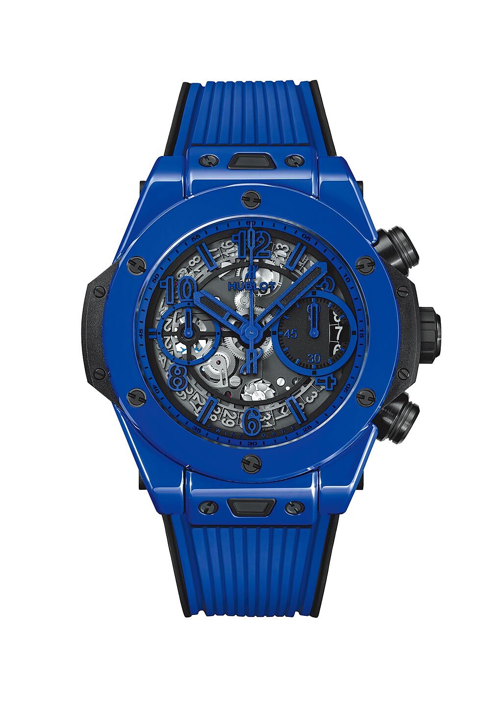 HUBLOT BIG BANG UNICO藍色陶瓷計時碼錶（42mm），61萬9000元。（HUBLOT提供）