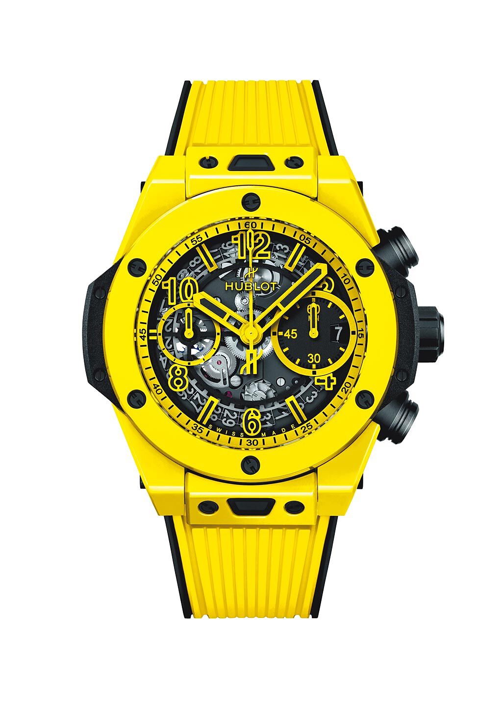 HUBLOT BIG BANG UNICO黃色陶瓷計時碼錶（42mm），81萬5000元。（HUBLOT提供）
