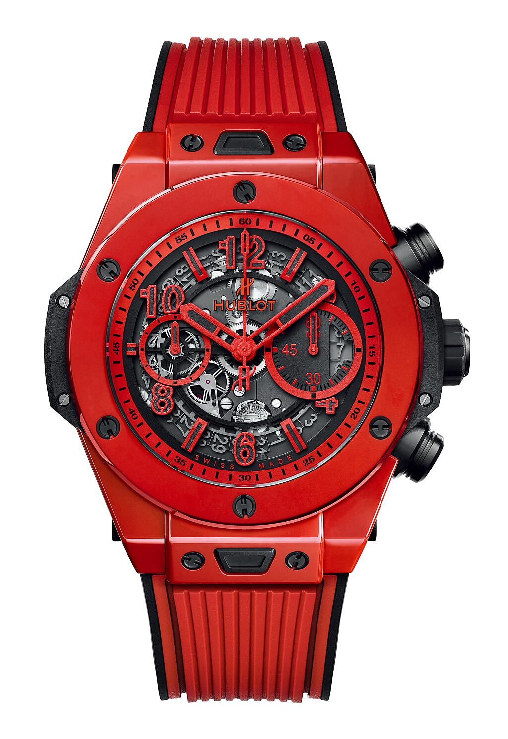 HUBLOT BIG BANG UNICO紅色陶瓷計時碼錶（45mm），81萬5000元。（HUBLOT提供）