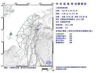 花蓮縣04：51芮氏規模3.9地震 最大震度3級