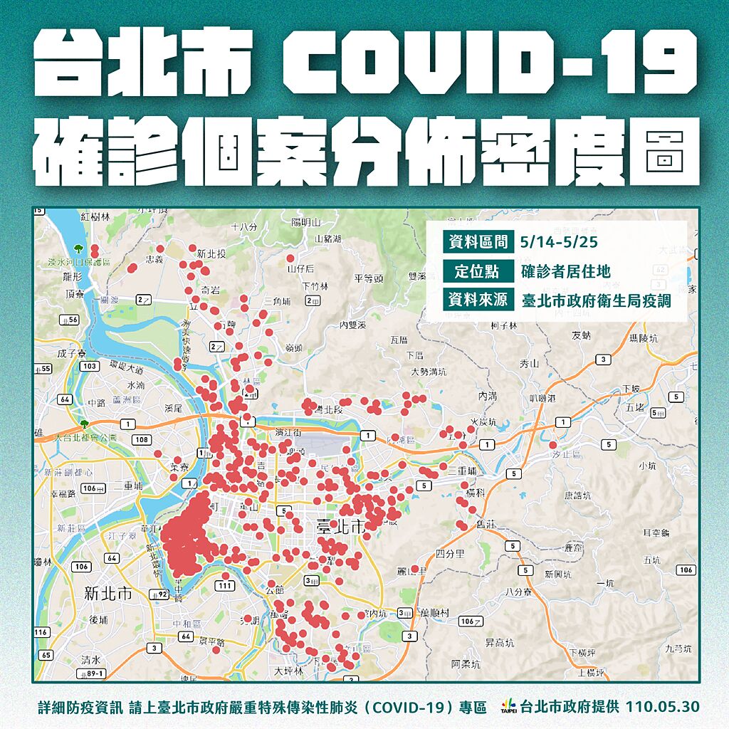 台北市長柯文哲首次使用Google Maps方式，公布12行政區確診數字，可見萬華地區仍較多紅點。（北市府提供／游念育台北傳真）