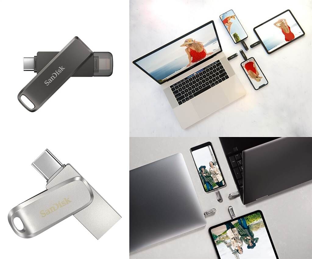 SanDisk iXpand Luxe 隨身碟（左上）、SanDisk Ultra Luxe USB Type-C（左下）與使用情境。（WD提供／黃慧雯台北傳真）
