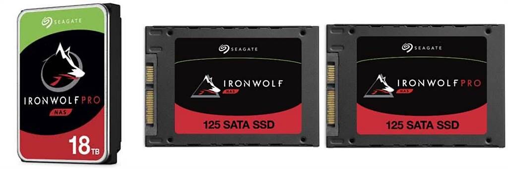 左起為IronWolf Pro 18TB HDD、IronWolf 125 SATA SSD、IronWolf Pro 125 SATA SSD。（希捷提供／黃慧雯台北傳真）
