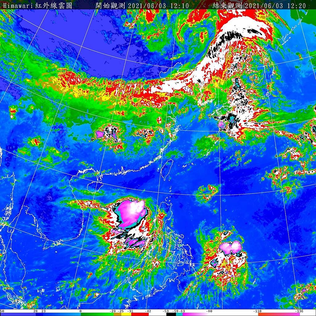 羅雅尹指出，第3號颱風「彩雲」目前強度在輕度颱風下限，但今天白天進入南海後結構、強度有機會稍稍重整，明天相對位置最接近台灣，假如「彩雲」在今天白天強度持平較久，或減弱速度較慢，氣象局不排除發布颱風警報。（取自氣象局）