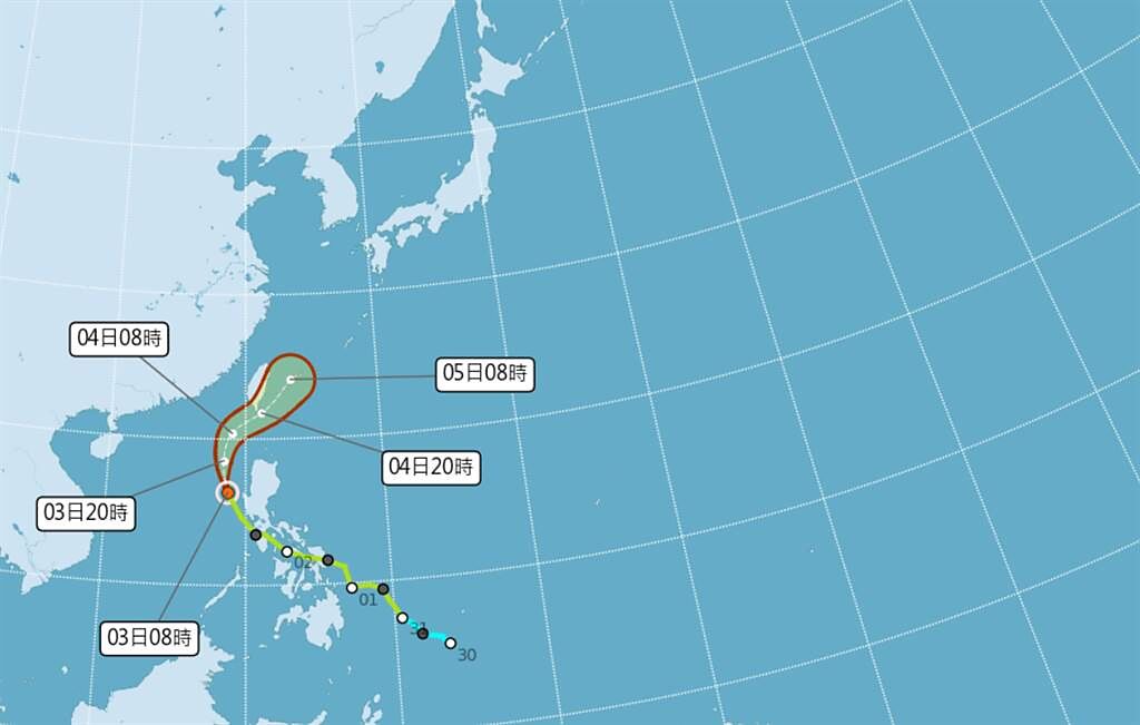 彩雲最新路徑曝光，氣象局發布海上颱風警報。（中央氣象局提供）