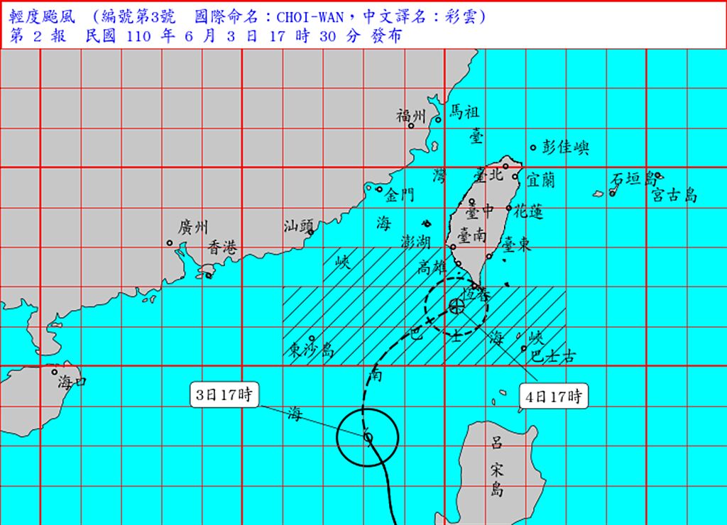 下午5時颱風位置位於鵝鑾鼻南南西方510公里海面上，預估暴風圈將逐漸進入東沙島、巴士海峽以及台灣海峽區域，明(4)天下半天到周六(5)上半天是最接近台灣時間，假設強度與且路徑不變，不排除最快明天深夜到後天清晨針對南台灣部分縣市發布陸上颱風警報。（取自氣象局）