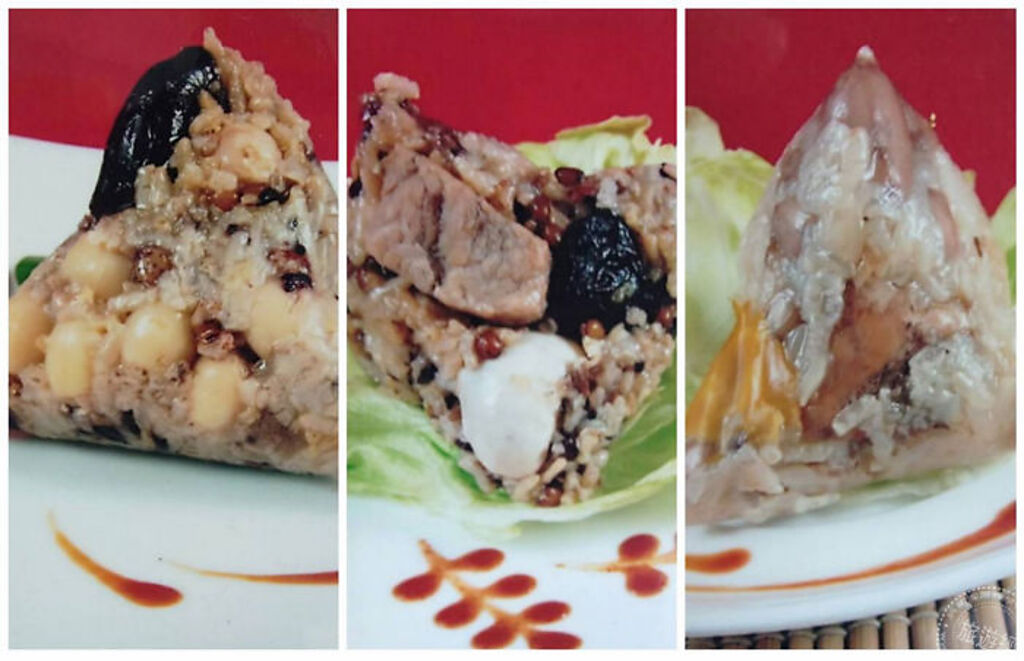 菱成粽藝坊(左)五穀素粽；(中)五穀肉粽；(右) 傳統肉粽 (圖片：台南市政府觀光旅遊局提供)

