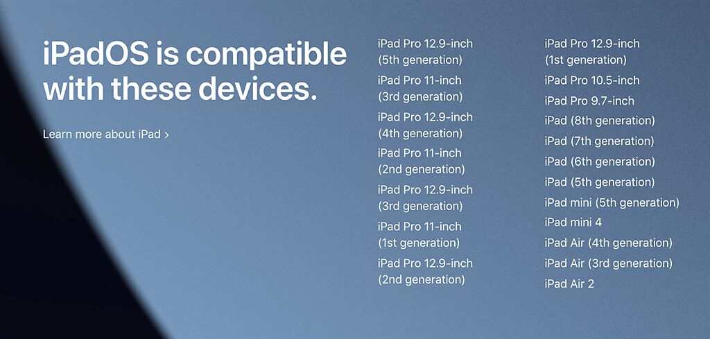 iPadOS 15可支援的設備。（摘自蘋果官網）