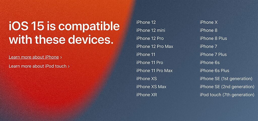 蘋果官網公布iOS 15可支援的設備，竟然沒有剔除iPhone 6s系列。（摘自蘋果官網）