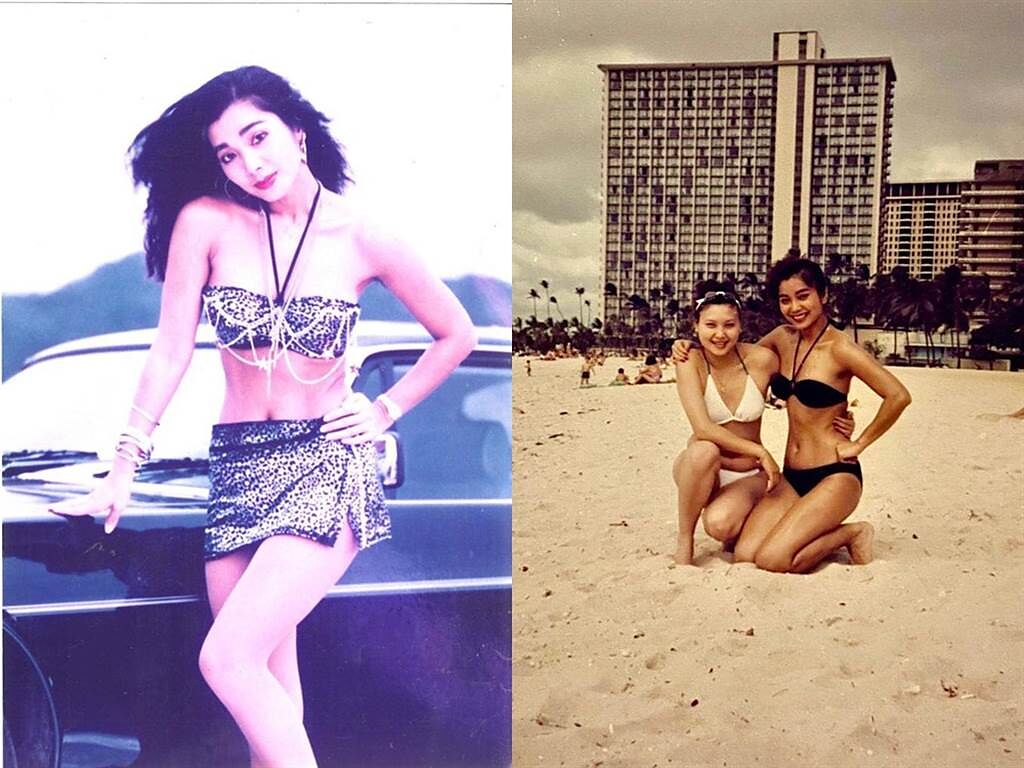 陳美鳳秀出年輕時穿豹紋比基尼的照片，與歌星楊美蓮在夏威夷留下倩影。（圖／FB@陳美鳳）