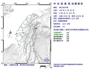 06：42花蓮發生規模4.3地震 最大震度花蓮4級